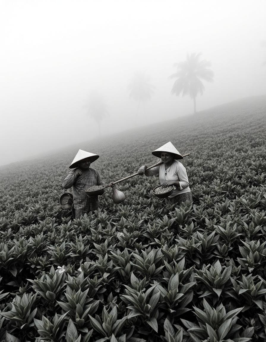 Indian tea pluckers in misty garden